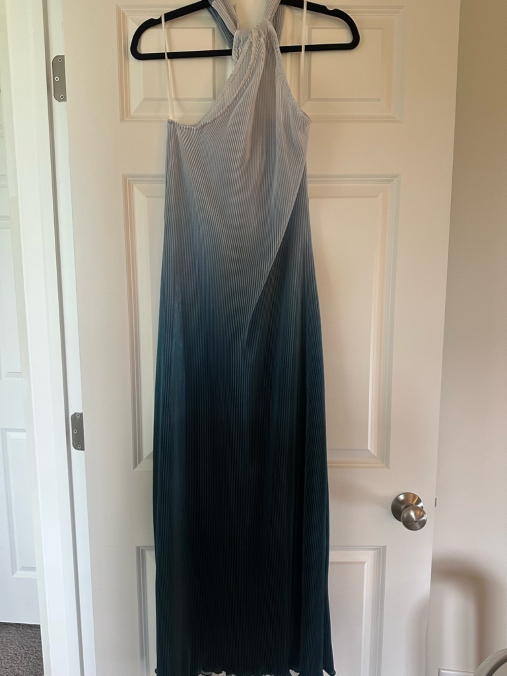 Plisse Gradient Halter Maxi Dress in Light Blue to Dark Blue